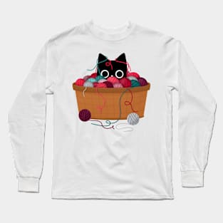 Black Cat in Yarn Basket Long Sleeve T-Shirt